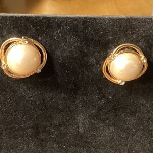 Faux Mabe Pearl Gold Tone Pierced Earrings